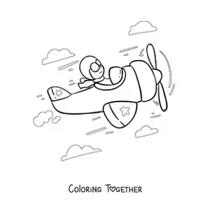 Coloring page of an airplane pilot flying with clouds in the background