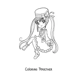 Coloring page of a chibi anime girl with a hat and dress