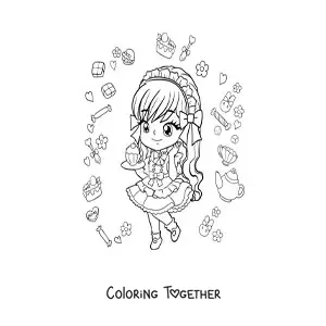 Coloring page of a chibi anime girl with a cupcake