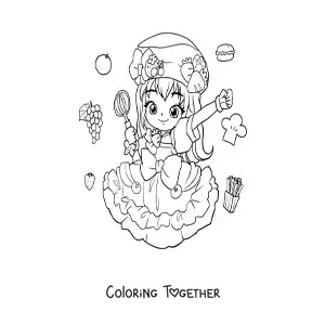 Coloring page of a chibi anime girl chef