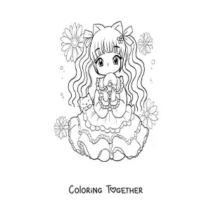 Coloring page of a chibi anime girl with a kitten and a cupcake