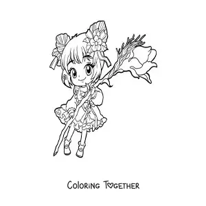 Coloring page of a little chibi anime girl with a rose