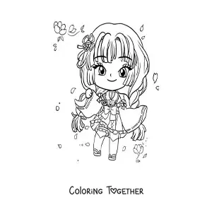 Coloring page of a chibi anime girl with a Japanese dress