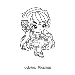 Coloring page of a chibi anime girl with a cute dress