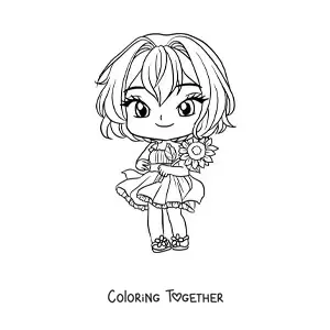 Coloring page of a chibi anime girl with a cute dress and a flower in her hand