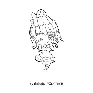 Coloring page of a chibi girl with a strawberry dessert dress