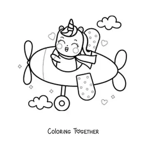 Coloring page of a kawaii unicorn flying a plane with clouds and hearts in the background