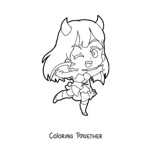 Coloring page of a chibi girl in a Halloween demon costume