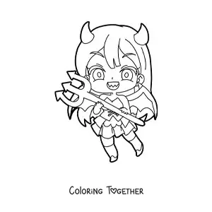 Coloring page of a chibi girl in a devil costume with a trident