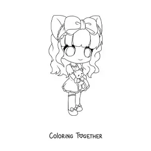 Coloring page of a chibi girl with neko ears and a teddy bear plushie