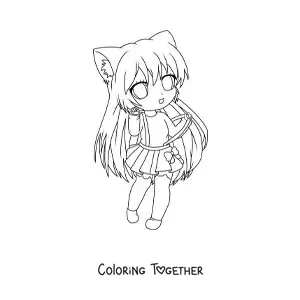 Coloring page of a chibi girl with neko ears and a skirt