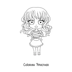 Coloring page of a chibi girl cooking