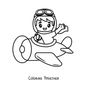 Coloring page of a kawaii airplane pilot flying