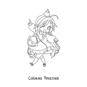 Coloring page of a chibi girl in a beautiful dress with a chick