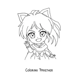 Coloring page of a chibi girl with cat ears and big eyes