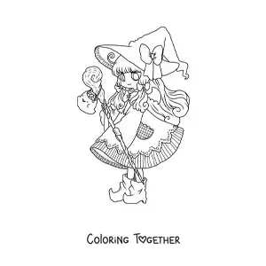 Coloring page of a chibi girl in a witch costume on Halloween