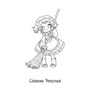 Coloring page of a chibi girl sweeping