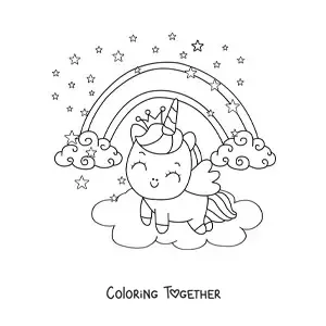 Coloring page of a kawaii cartoon unicorn with a rainbow
