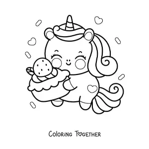 Coloring page of a kawaii cartoon unicorn with a strawberry cake