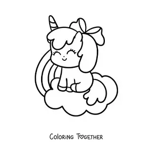 Coloring page of a kawaii cartoon unicorn sitting on a cloud with a rainbow