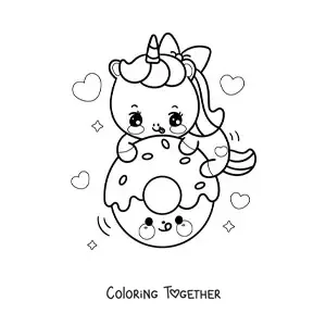 Coloring page of a kawaii unicorn with a cartoon donut