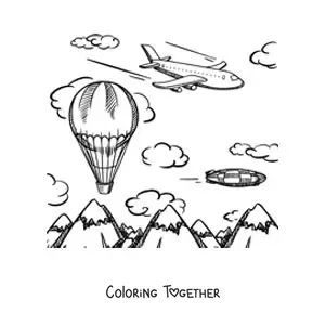 Coloring page of a plane flying with a hot air balloon and mountains in the background