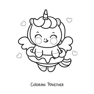 Coloring page of a kawaii cartoon unicorn with a donut