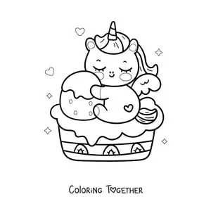 Coloring page of a kawaii cartoon unicorn sitting on a strawberry cake