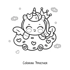 Coloring page of a kawaii cartoon unicorn with a cookie
