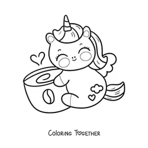 Coloring page of a kawaii cartoon unicorn with a cup of coffee