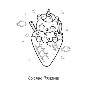 Coloring page of a kawaii cartoon unicorn with an ice cream cone