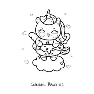 Coloring page of a kawaii unicorn with a unicorn donut