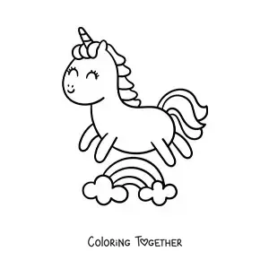 Coloring page of a kawaii cartoon unicorn jumping over a rainbow