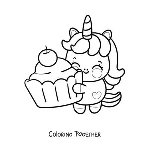 Coloring page of a kawaii cartoon unicorn with a giant cupcake