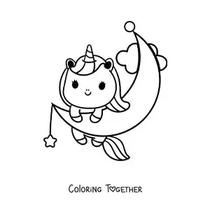 Coloring page of a kawaii cartoon unicorn on the moon