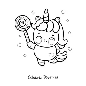 Coloring page of a kawaii cartoon unicorn with a lollipop