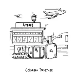 Coloring page of an airport with suitcases and a plane flying