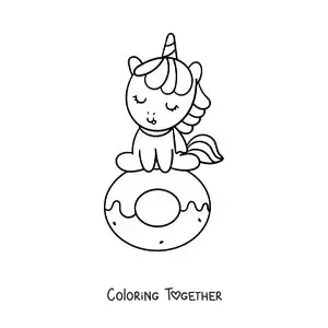 Coloring page of a kawaii cartoon unicorn sitting on a donut