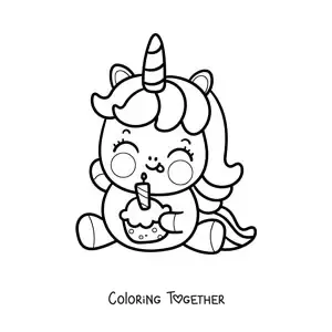 Coloring page of a cute cartoon unicorn with a birthday cupcake