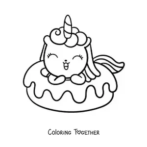 Coloring page of a cute cartoon unicorn inside a giant donut