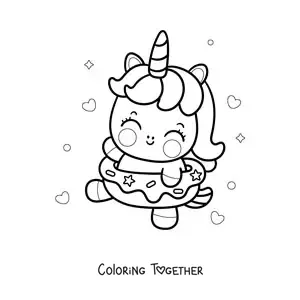 Coloring page of a cute cartoon unicorn inside a donut