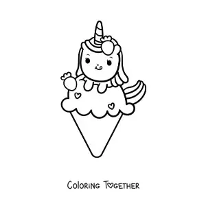 Coloring page of a cute cartoon unicorn on a giant ice cream