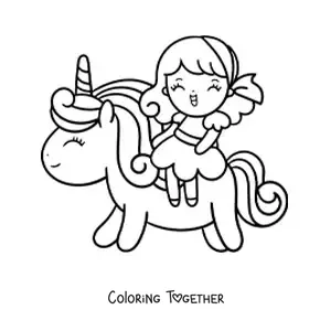 Coloring page of a kawaii girl riding a cute cartoon unicorn