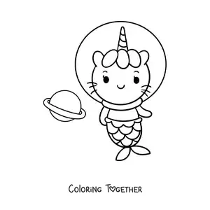 Coloring page of an astronaut mermaid caticorn