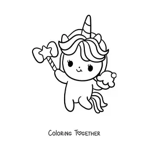 Coloring page of a cute cartoon unicorn with a cupcake and a wand