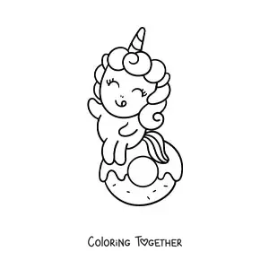 Coloring page of a cute cartoon unicorn in a big donut