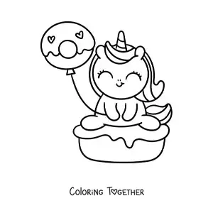 Coloring page of a cute cartoon unicorn on a cake with a donut balloon