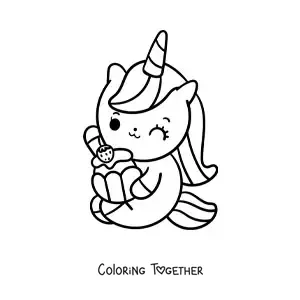 Coloring page of a cute cartoon unicorn sitting and eating a cupcake