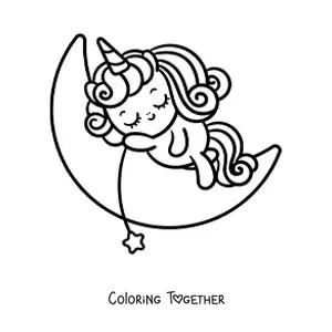 Coloring page of a cute cartoon unicorn sleeping on the moon