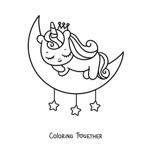 Coloring page of a kawaii baby unicorn sleeping on the moon